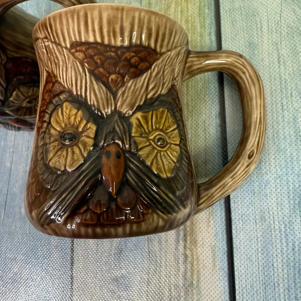 Owl Coffee Mug Set Of Two Vintage 70s Retro Brown Have A Nice Day Tea Hippie